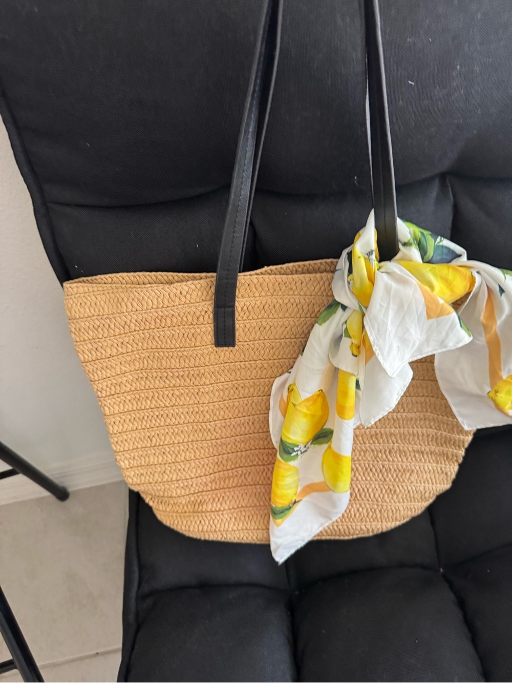 Straw Tote Bag with Black Handles and Lemon Scarf